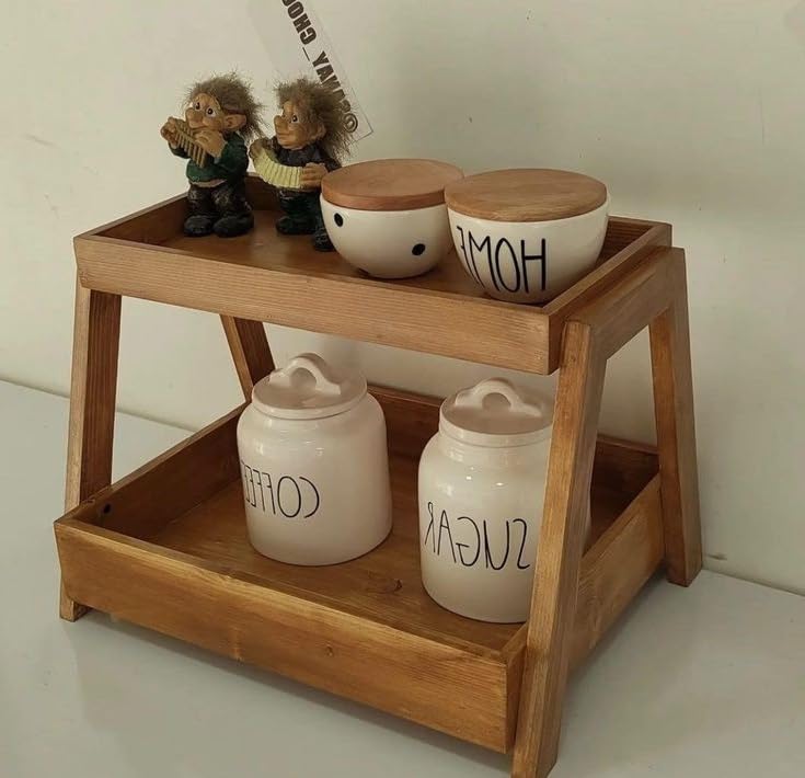Stylawood Decor 2 Katlı Ahşap Tepsi | Tezgah Üstü Düzenleyici Raflar | Mutfak Dolabı Düzenleyici, Baharat Rafı