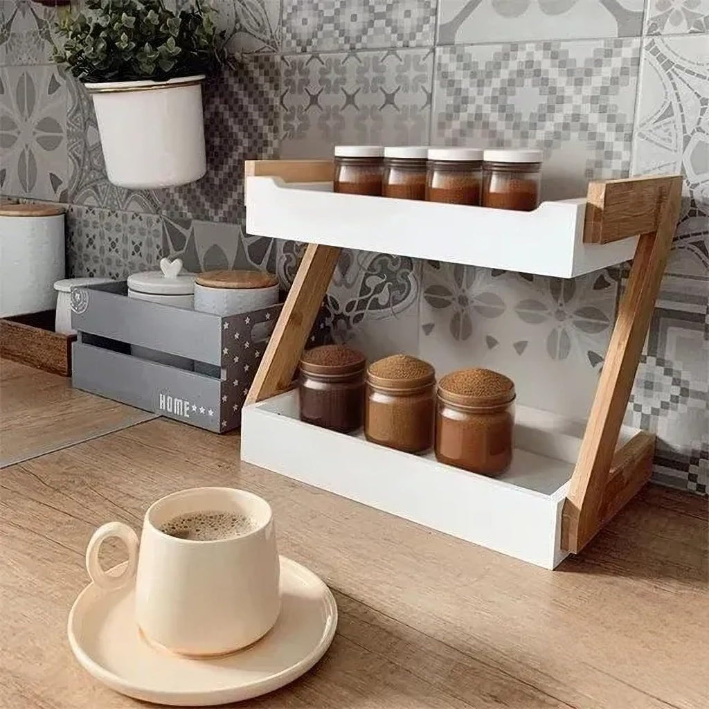 Çok Amaçlı Ahşap Üçgen Baharat Rafı | Mutfak Tezgahı Düzenleyici | 2 Katlı Mutfak Depolama Düzenleyici Raflar | Kavanoz ve Şişe Tutucu ve Mutfak Dekorasyon Ürünü