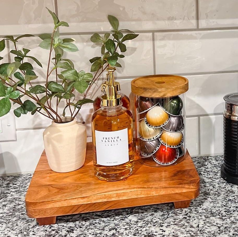 Ayaklı Ahşap Mutfak Tezgahı Düzenleyici Tepsi, Kahve Podu Tutucu Saklama Standı, Dekoratif Sergileme Platformu
